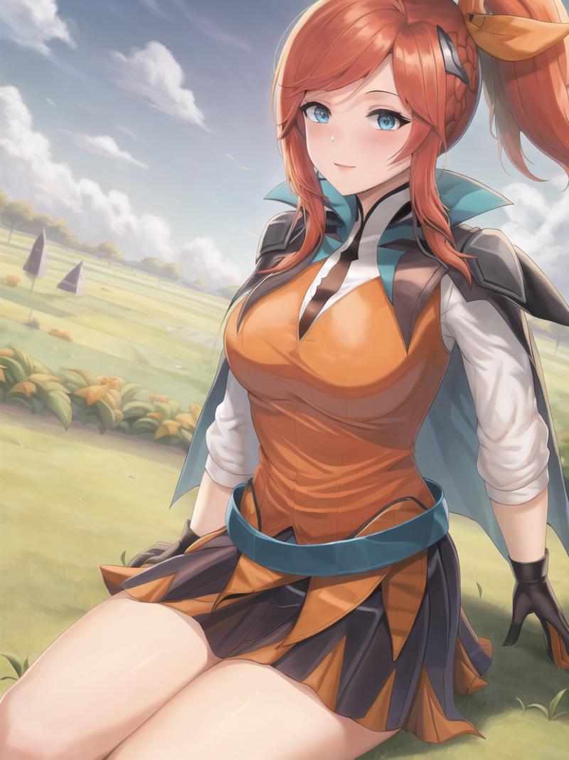 09271-1482399852-sky, grass, field, (battle academia lux), league of legends, 1girl, blue eyes, solo, black skirt, orange shirt, breasts, long ha.png